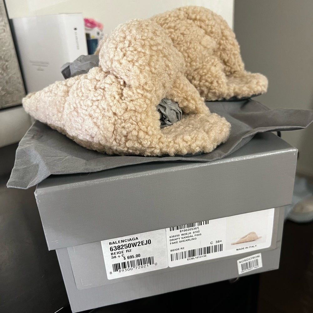 Balenciaga Drapy Slide Faux Shearling 38
